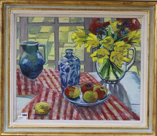 Aggy Boshoff (20th century), oil on canvas, still life with apples and a vase of flowers on a table, 49 x 58cm